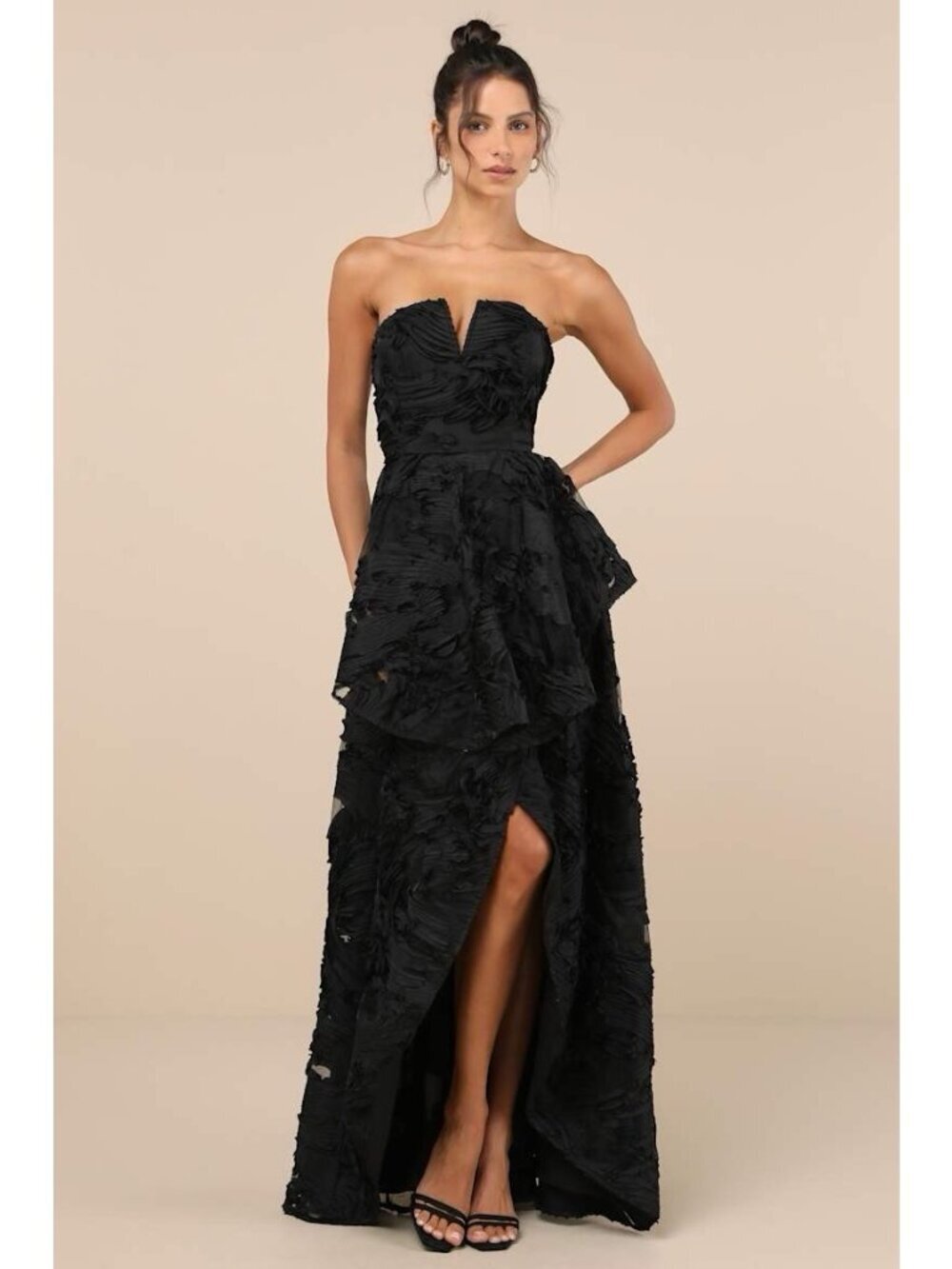 Lulus Majestic Glam Maxi Dress Sz XL Black Strapless Textured Hi Low Formal Gown - Picture 2 of 5